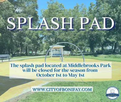 The splash pad located at Middlebrooks Park will be closed for the season from  October 1st to May 1st